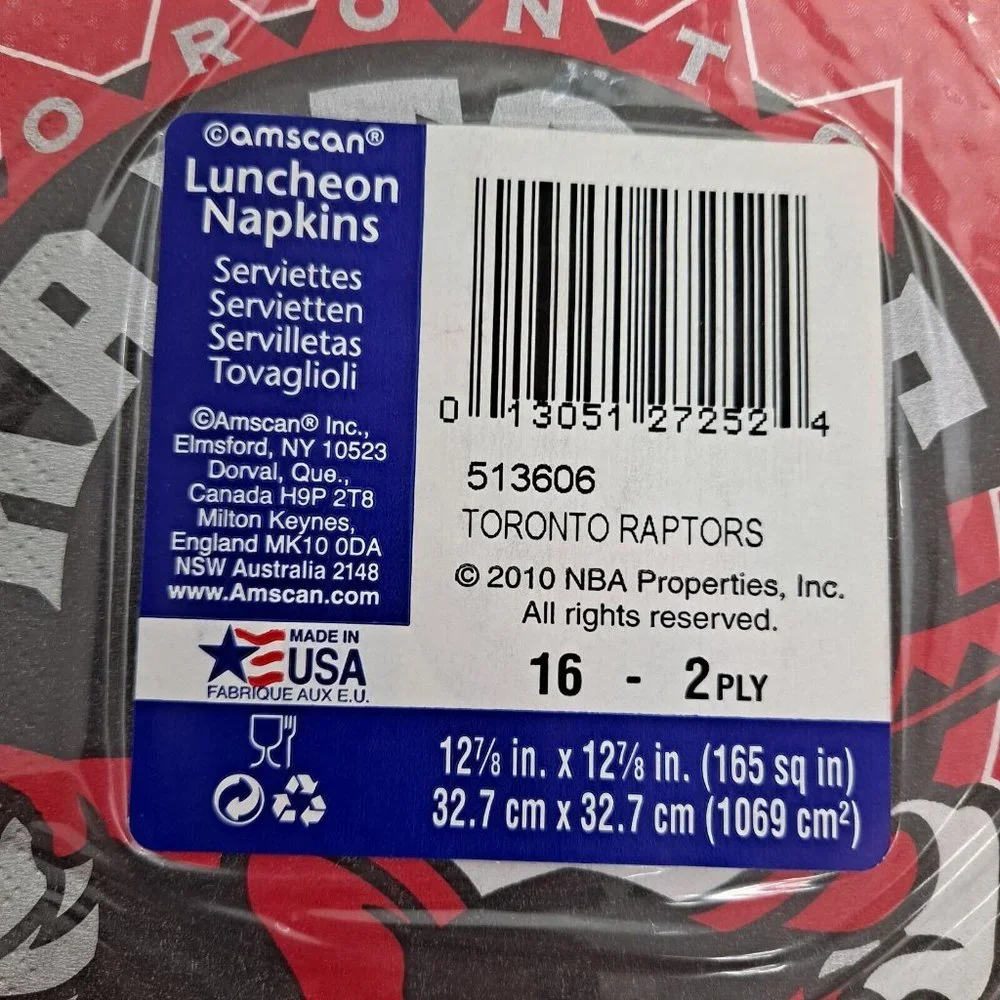 NBA Toronto Raptors Basketball Luncheon Party Napkins Red Black Silver 16 Count